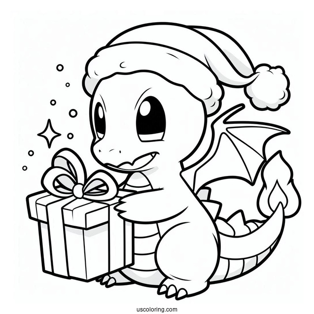Pokemon Christmas Coloring Page Dragonite Holding A Present