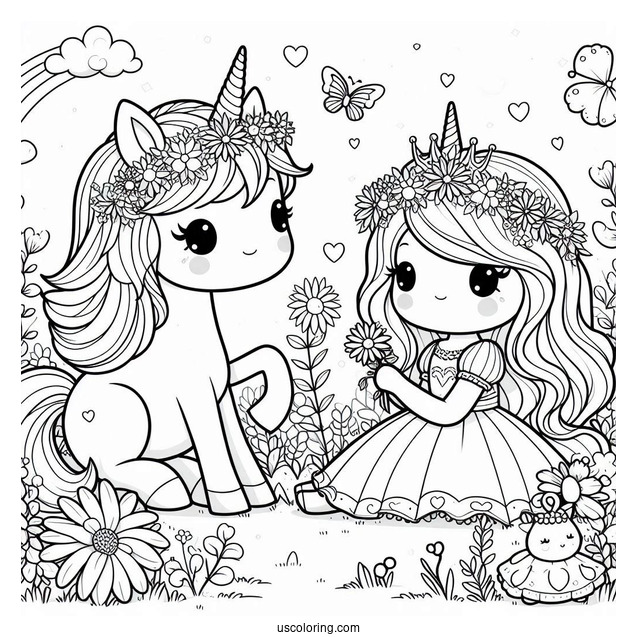 Cute Coloring Page Princess And Unicorn Sitting On A Flower Field