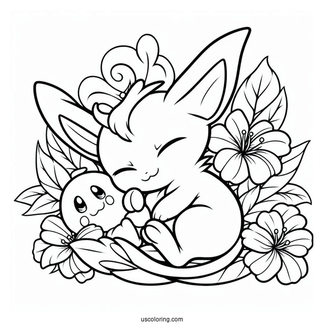 Mew Coloring Page Cuddling With Eevee