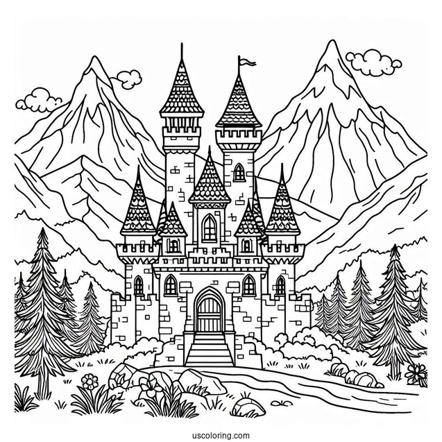 Castle Coloring Page In The Mountains