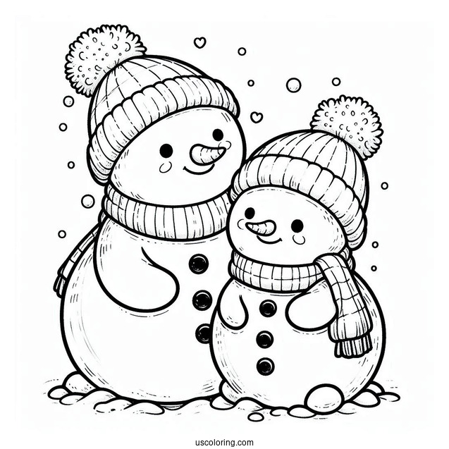 Two Cute Snowmen Hudgging Coloring Sheet