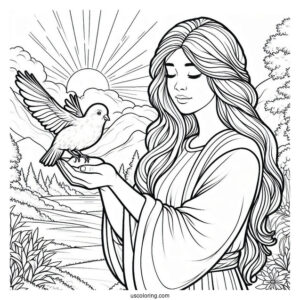 Peaceful Jesus Coloring Pages Holding A Bird For Kids