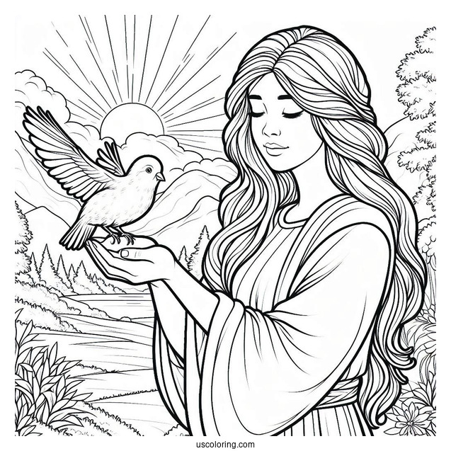 Peaceful Jesus Coloring Pages Holding A Bird For Kids