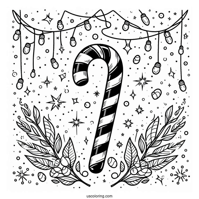 Easy Candy Cane Coloring Page Surrounded By Christmas Lights