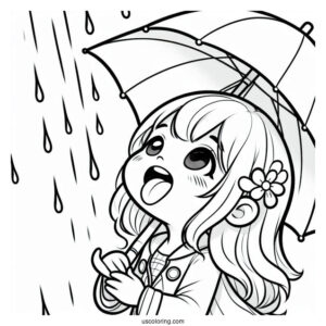 Little Girl Sticking Tongue Out To Catch Rain Coloring Page
