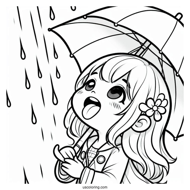 Little Girl Sticking Tongue Out To Catch Rain Coloring Page