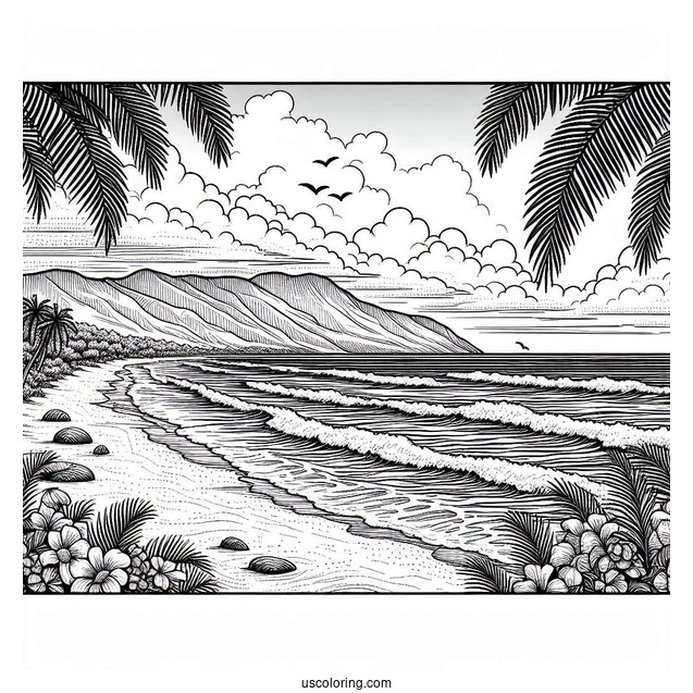 Realistic Beach Coloring Page With Mountain View