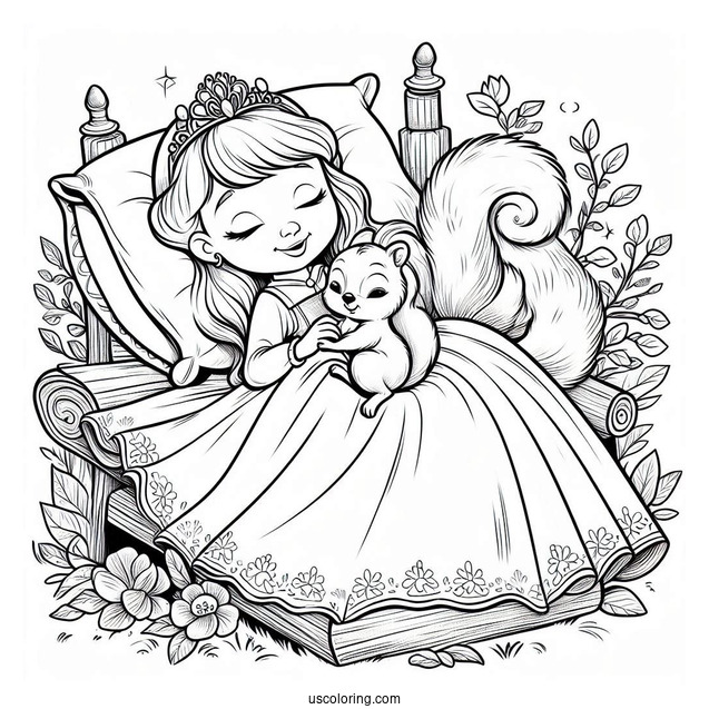 Sleeping Beauty Coloring Page Of Baby Princess Aurora Playing With A Squirrel For Kids
