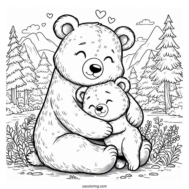 Easy Bear Cub Hugging Mama Bear Coloring Page