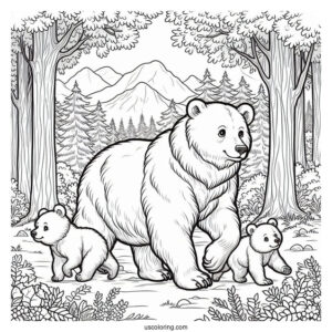 Mama Bear Coloring Page Walking With Her Two Cubs In Forest
