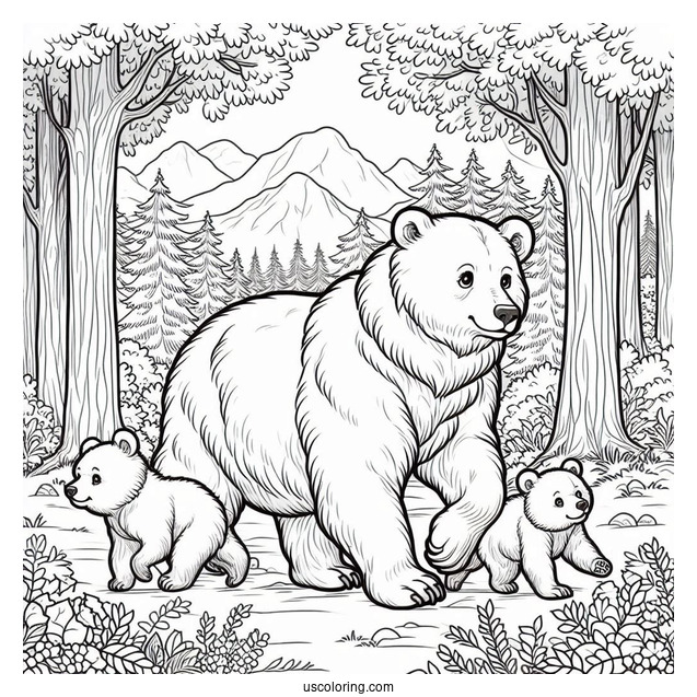 Mama Bear Coloring Page Walking With Her Two Cubs In Forest