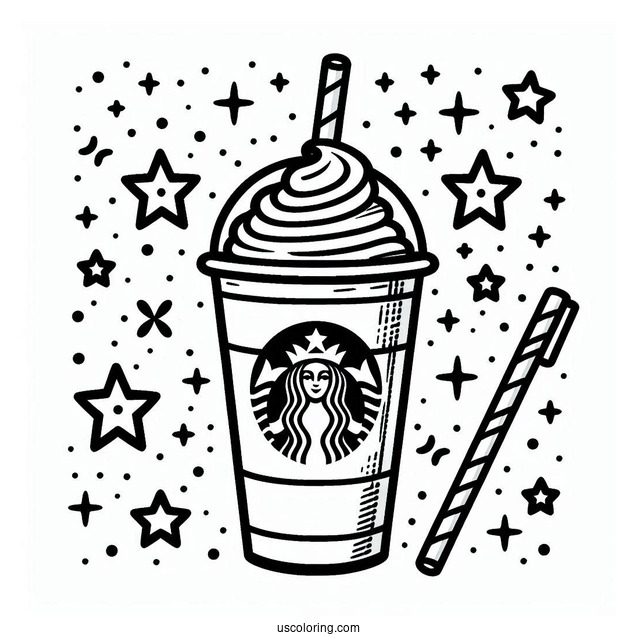 Easy Starbucks Coloring Page Of Frappe With Straw Outline For Kids