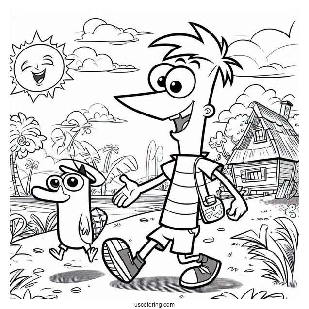 Phineas And Ferb Coloring Page In The Backyard With Perry The Platypus