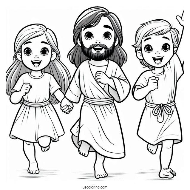 Kids Running To Jesus Coloring Page