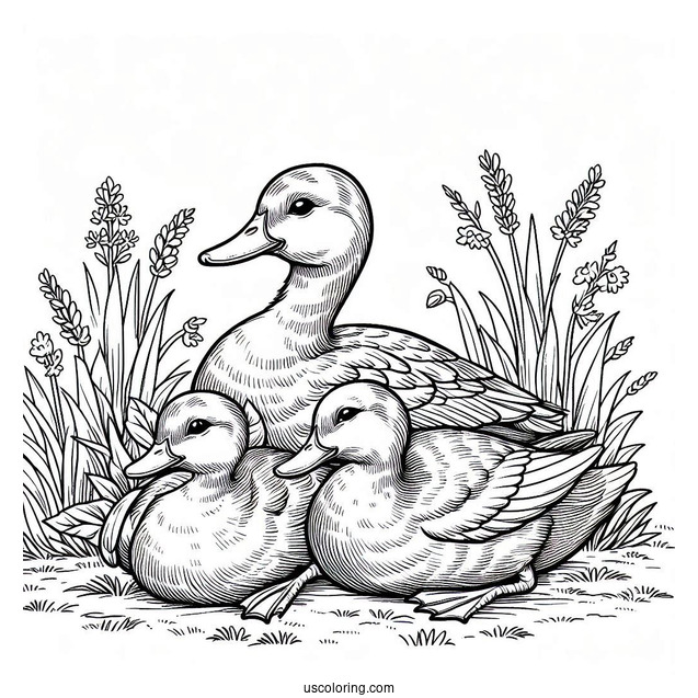 Duck Family Resting Near the Water Coloring Sheet