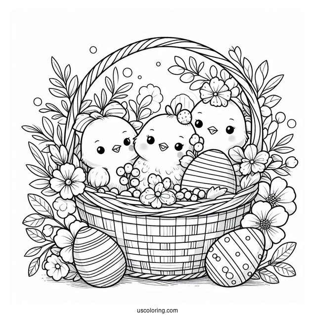 Happy Easter Coloring Page With Chicks And Eggs In Basket
