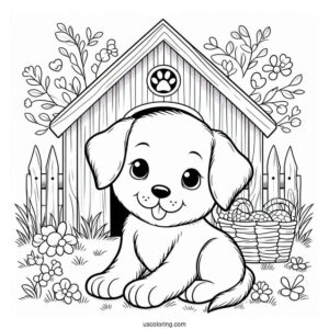 Puppy In Front Of Dog House Coloring Sheet