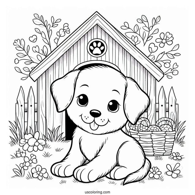 Puppy In Front Of Dog House Coloring Sheet
