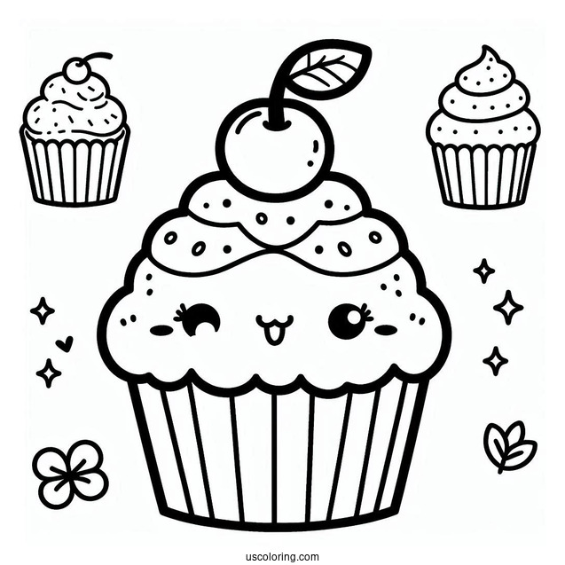 Kawaii Cupcake With Cherry On Top Coloring Sheet