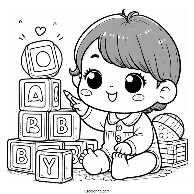 Cute Baby Coloring Page Playing With Alphabet Blocks