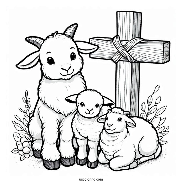 Goat, Lamb, And Donkey Under A Wooden Cross Coloring Page For Kids