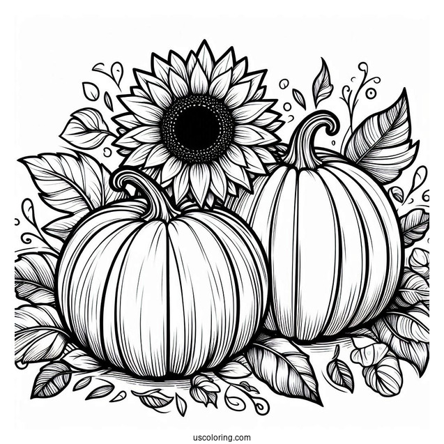 Two Large Pumpkin Coloring Page With Sunflower And Leaves
