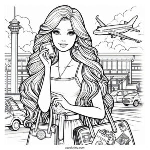 Travelling Barbie At Airport To Color