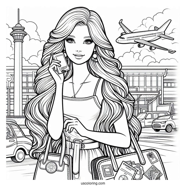 Travelling Barbie At Airport To Color