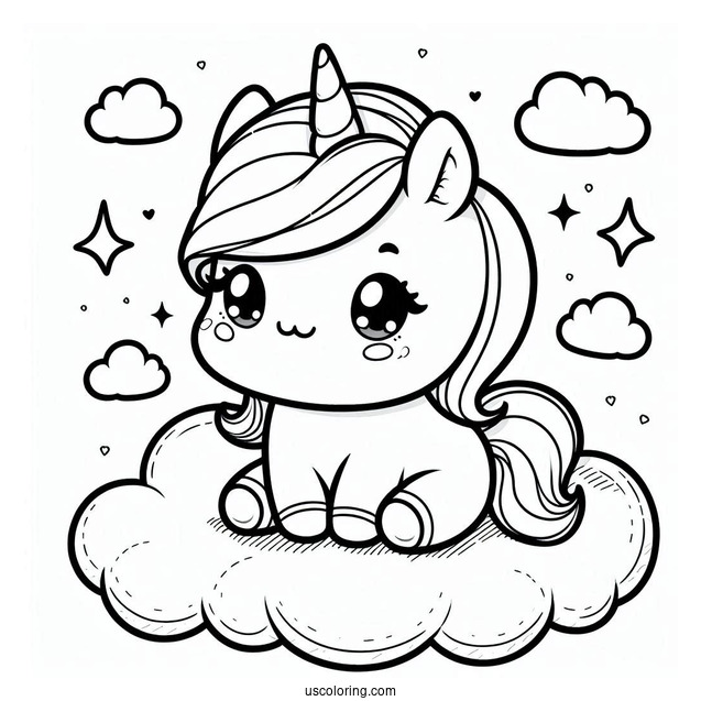 Chubby Little Unicorn Sitting On A Cloud Coloring Page