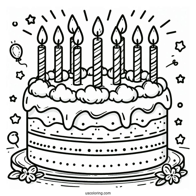 Cute Cartoon Birthday Cake With Candles On Top Coloring Sheet