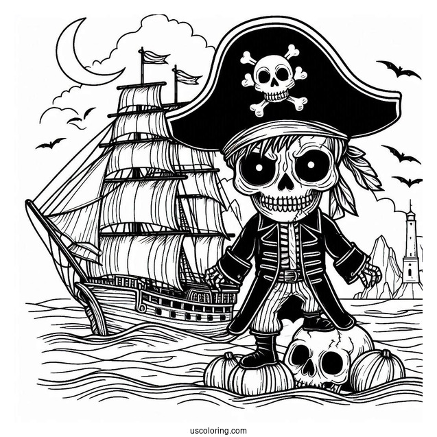 Scary Pirate In Front Of A Sailing Pirate Ship Coloring Page