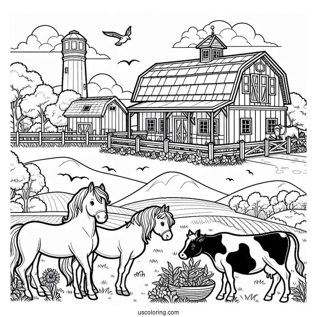 Farm With Horses And Cows To Color