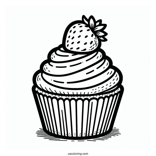 Simple Cupcake With Icing And Strawberry To Color
