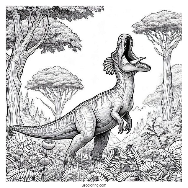 Roaring Parasaurolophus Coloring Page In The Forest