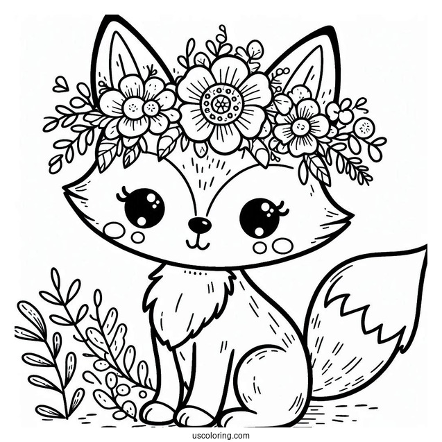 Easy Cute Coloring Page Fox Wearing A Flower Crown