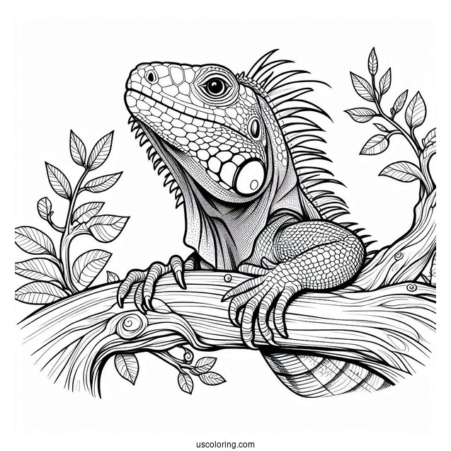 Lizard Coloring Page of Iguana With Head Up On Tree Branch