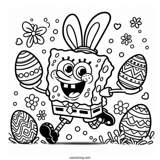 Easter Coloring Page Of SpongeBob In Bunny Costume Running With Easter Eggs