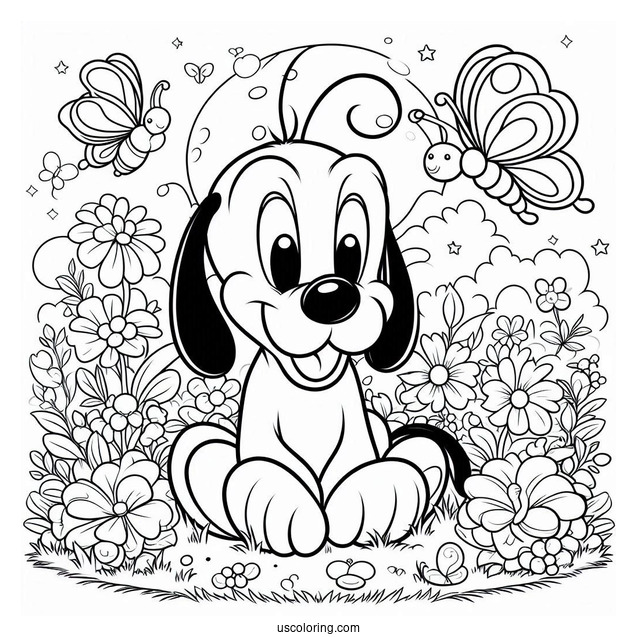 Pluto Coloring Page Sitting In Garden With Butterflies And Birds