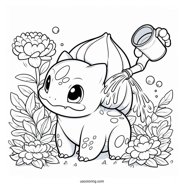 Bulbasaur Coloring Page Watering Flowers