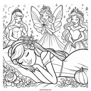 Sleeping Beauty Coloring Page Of Fairy Godmothers Flora, Fauna, And Merryweather Beside Sleeping Beauty