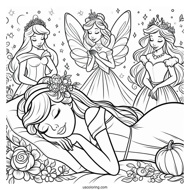 Sleeping Beauty Coloring Page Of Fairy Godmothers Flora, Fauna, And Merryweather Beside Sleeping Beauty
