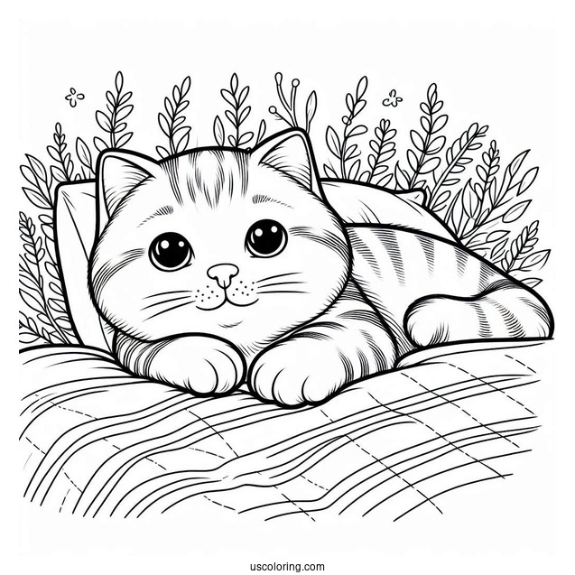 Cat Lying On Bed Coloring Sheet
