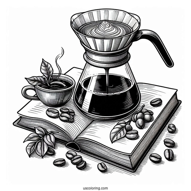 Coffee Coloring Pages Of Freshly Brewed Pour Over Coffee In Front Of Open Book
