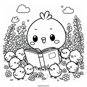 Pochacco Coloring Page Reading Book With Chicks In The Field