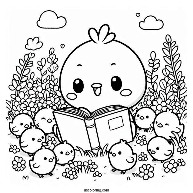 Pochacco Coloring Page Reading Book With Chicks In The Field