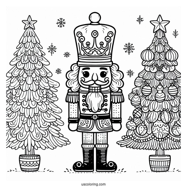 Nutcracker Coloring Page Standing In Front of Two Christmas Trees
