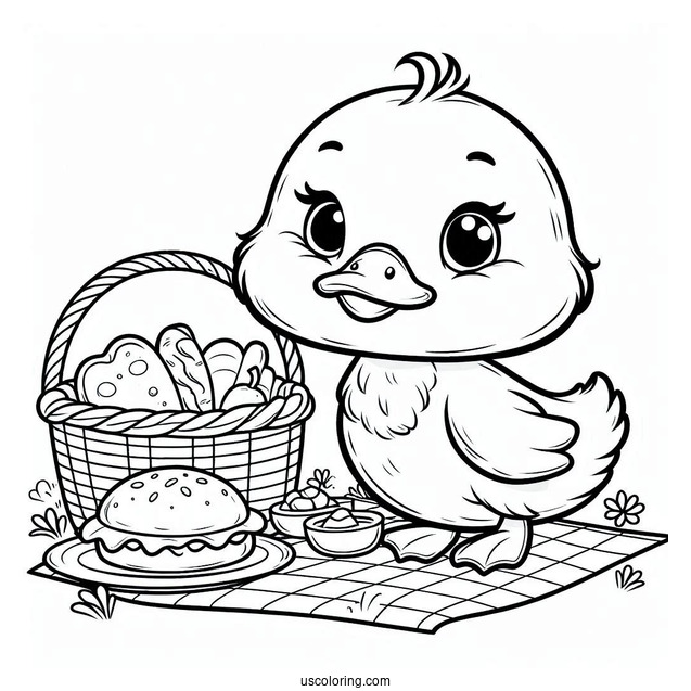 Duckling with Picnic Basket and Food Coloring Sheet For Preschoolers
