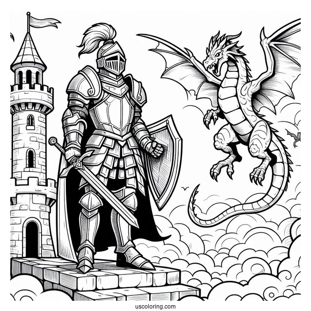 Coloring Page Of Knight With Dragon On Tower