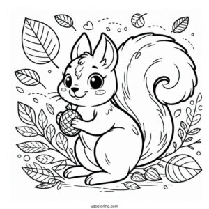 Simple Squirrel Coloring Page Outline In Fall For Kids