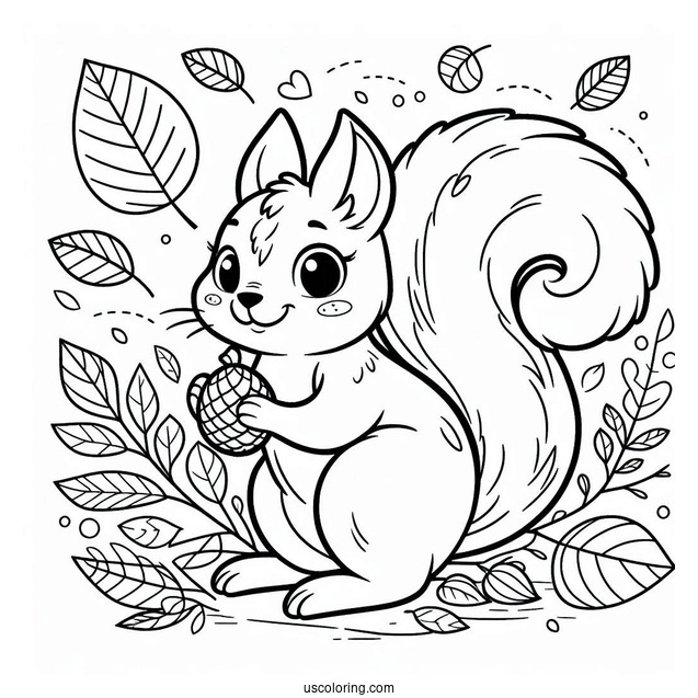 Simple Squirrel Coloring Page Outline In Fall For Kids